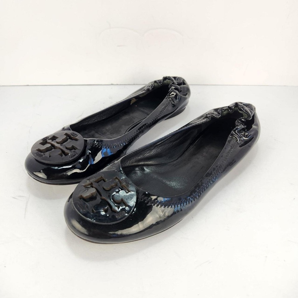 Tory Burch Reva Women's 7M Black Patent Leather Ballet Flats Logo Medallion